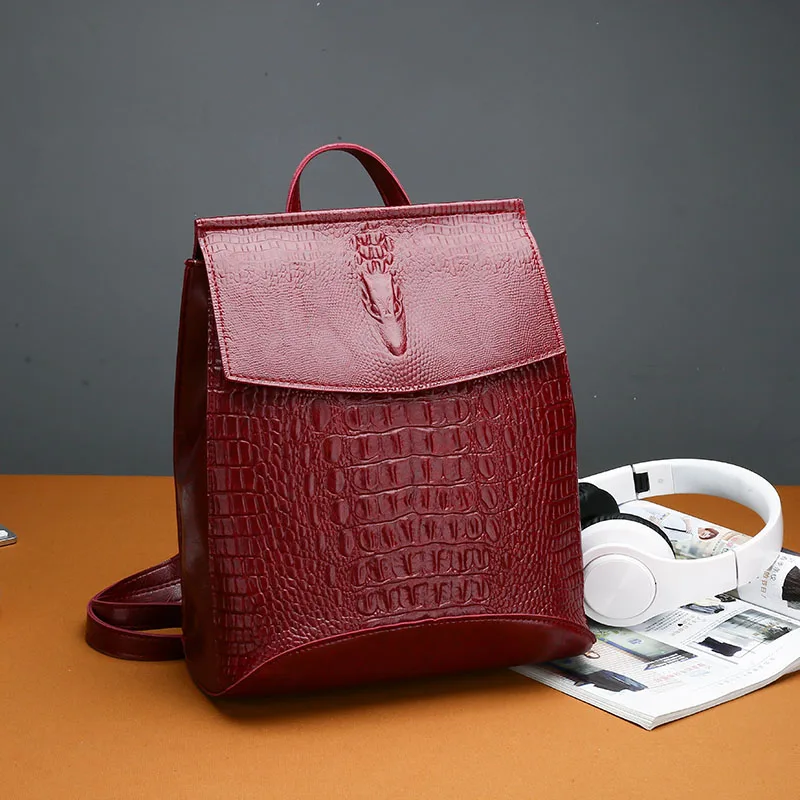 Женский винтажный рюкзак из кожи крокодила красный кожаный через плечо FENGTING FTB090