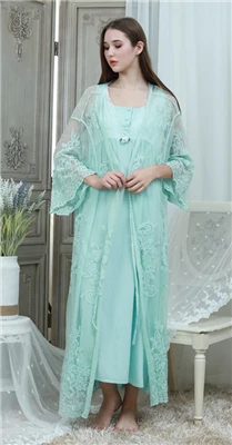 light green Кружевной Халат и платье, набор, женские длинные ночные рубашки, винтажная Пижама, элегантный свободный халат, набор, Европейский классический халат, красивый подарок для дам - Цвет: light green
