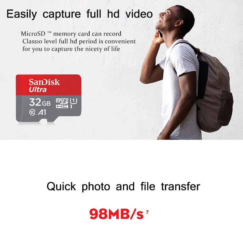Оригинальная карта памяти SanDisk Ultra, 16 ГБ, 32 ГБ, SDHC, высокая скорость, 98 м/с, класс 10, A1, UHS-I, Micro SD карта, 128 ГБ, 64 ГБ, TF карта, Microsd