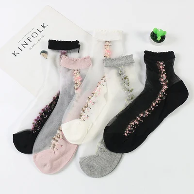 each color 1 pair 5 пар/партия женские японские кружевные маленькие цветочные хрустальные однотонные шелковые классные носки с кристаллами женские розовые/белые Meias - Цвет: each color 1 pair