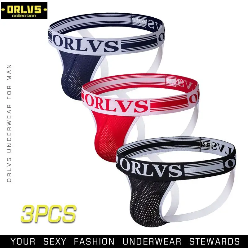 

ORLVS 3PC/LOT MEN jockstrap briefs cueca male panties g string and thongs gay men underwear jocks mesh sexy men underwear Penis