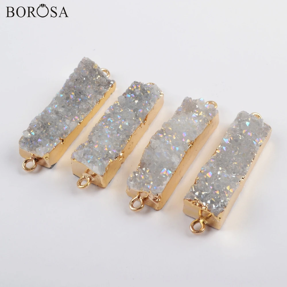 BOROSA 10 шт. прямоугольные кварцевые друзы разъемы, золотой цвет хрустальный титановый AB Druzy Бар подвеска Подвески с двойной булавкой G0501