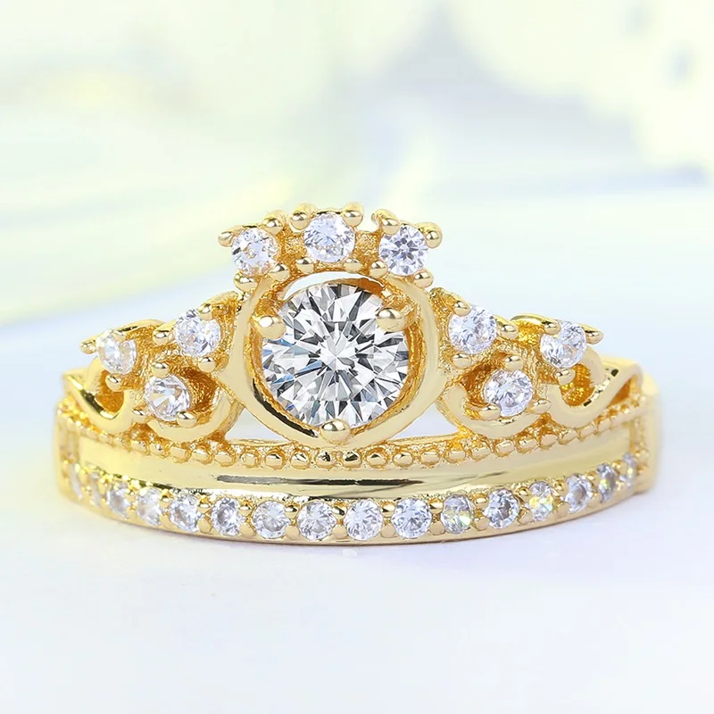 

OMHXZJ Wholesale European Fashion Woman Man Party Wedding Gift Crown White AAA Zircon 18KT Yellow Gold Rose Gold Ring RR489