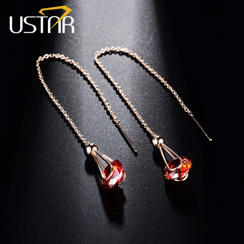 

USTAR Red 2.0ct Cubic Zirconia Drop Earrings for Women Rose gold color long chain Crystals Earrings female Jewelry brincos