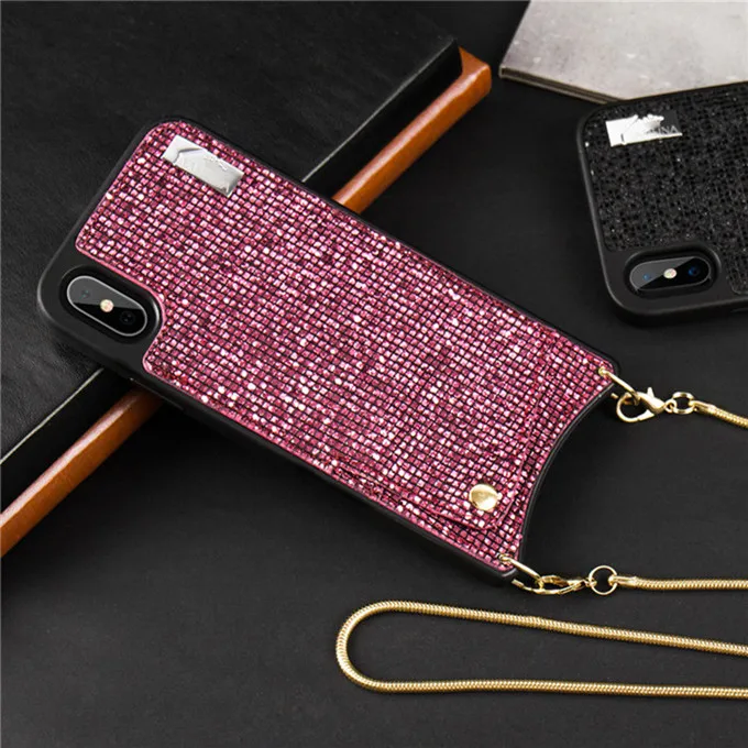 Pink Блестящий чехол для телефона с блестками через плечо для iPhone XR XS MAX X 6S 6 7 8 Plus, чехол-кошелек для кредитных карт с ремешком и длинной цепочкой - Цвет: Pink