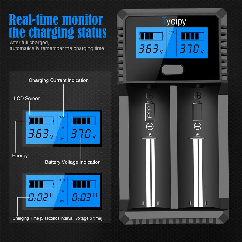 Tycipy USB порт двухканальный с ЖК-дисплеем умное зарядное устройство для 18650 18500 3 7 V AA
