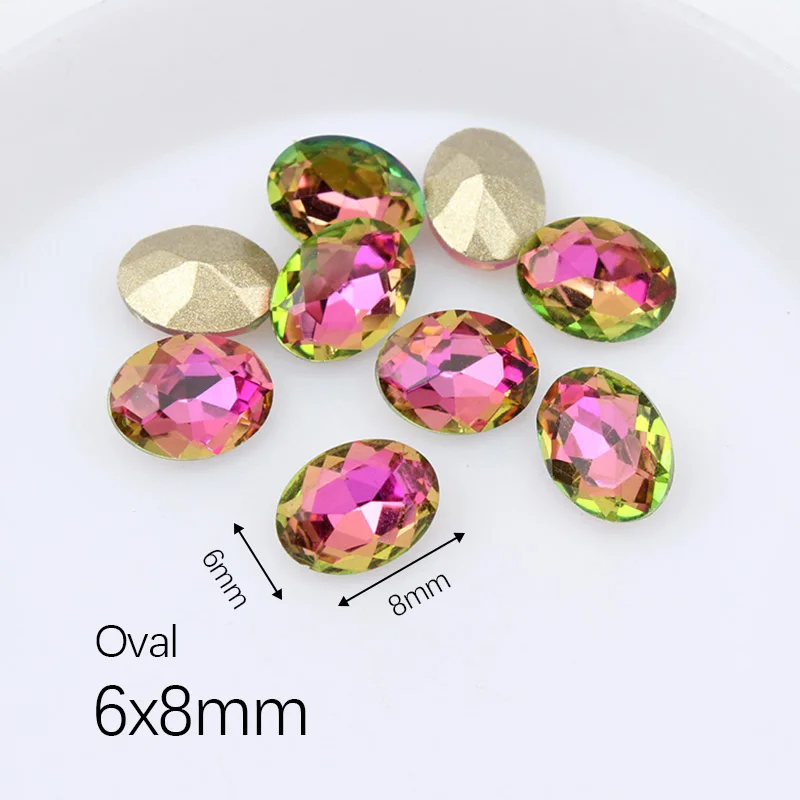 Oval 6x8mm Розовые радужные кристаллы для ногтей, камни смешанной формы, плоские стразы для стекла, 3D дизайн ногтей, художественные украшения - Цвет: Oval 6x8mm