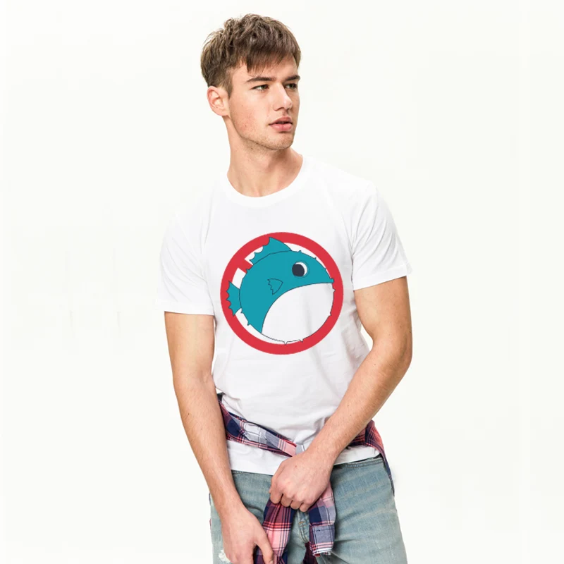 HanHent No Eating Puffer футболки с рыбками мужские хлопковые летние Японские белая