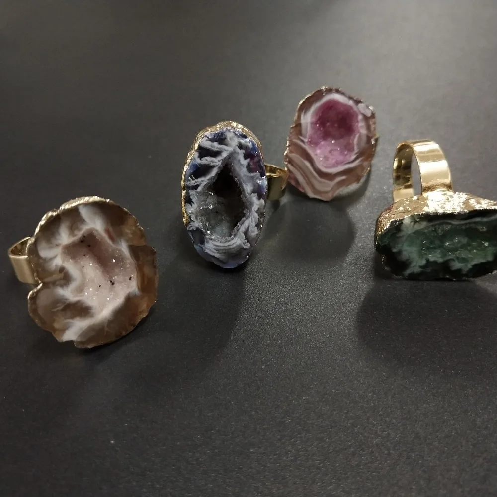 Нерегулярный натуральный камень Druzy Knuckle кольцо Регулируемый Drusy Золото Цвет Кристалл Открытые, кольца на палец для женщин Свадебные украшения