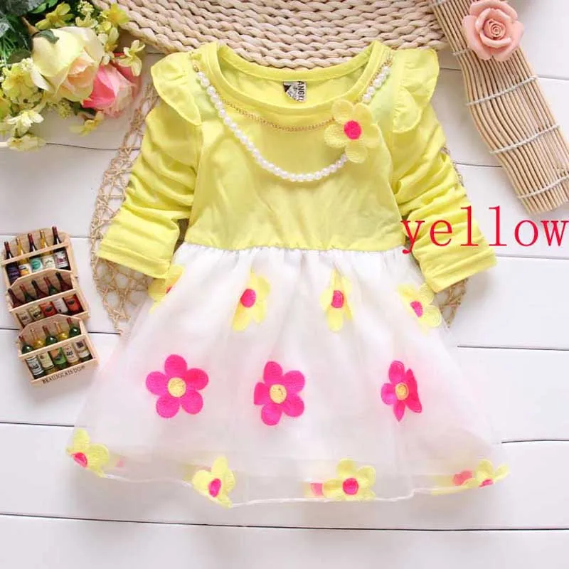 

ZSXPMORE Spring Autumn long sleeve Kids Dress For Girls Cute Flower Necklace Children Dress Wedding Baby girls Dress