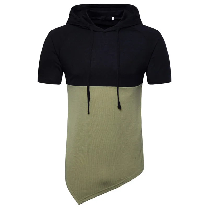 

2018 Hip Hop Street Short Sleeve Hooded Extended T shirt Casual Oblique hem for Men Summer Stitching Drawstring T shirts Tops