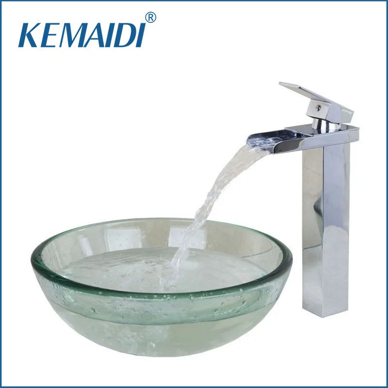 KEMAIDI Contemporary Transparent Tempered Glass Round Wash Basin Vessel Sink With Chrome Bathroom Faucet Set&ampDrain | Обустройство