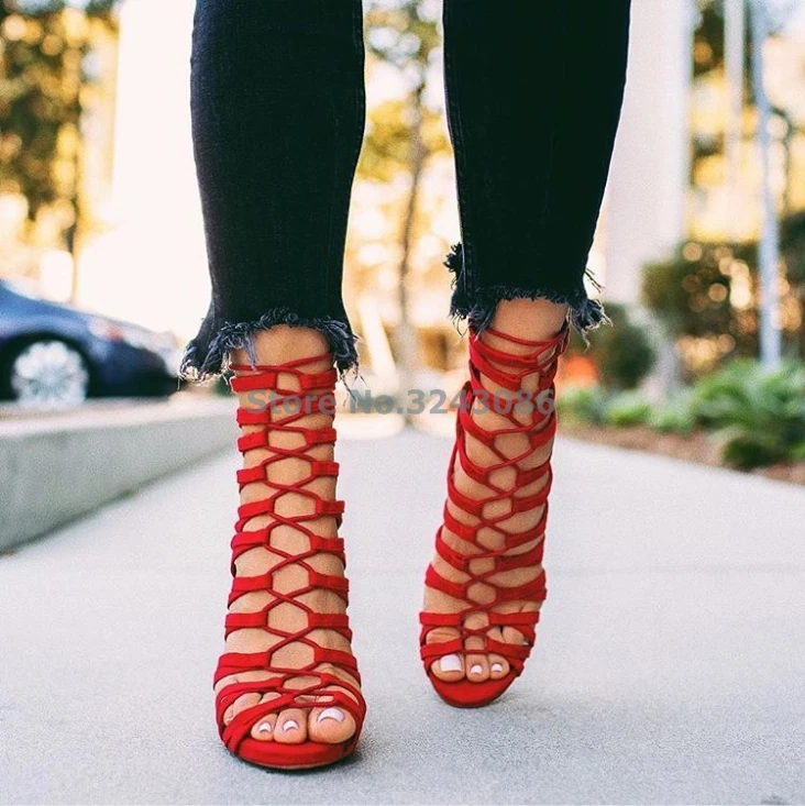 Murah Merah Hollow Keluar Cross Tali Tipis High Heel Sandal Suede Renda Kasual Gladiator Sandal Wanita Fashion Seksi Musim Panas Baru Sepatu