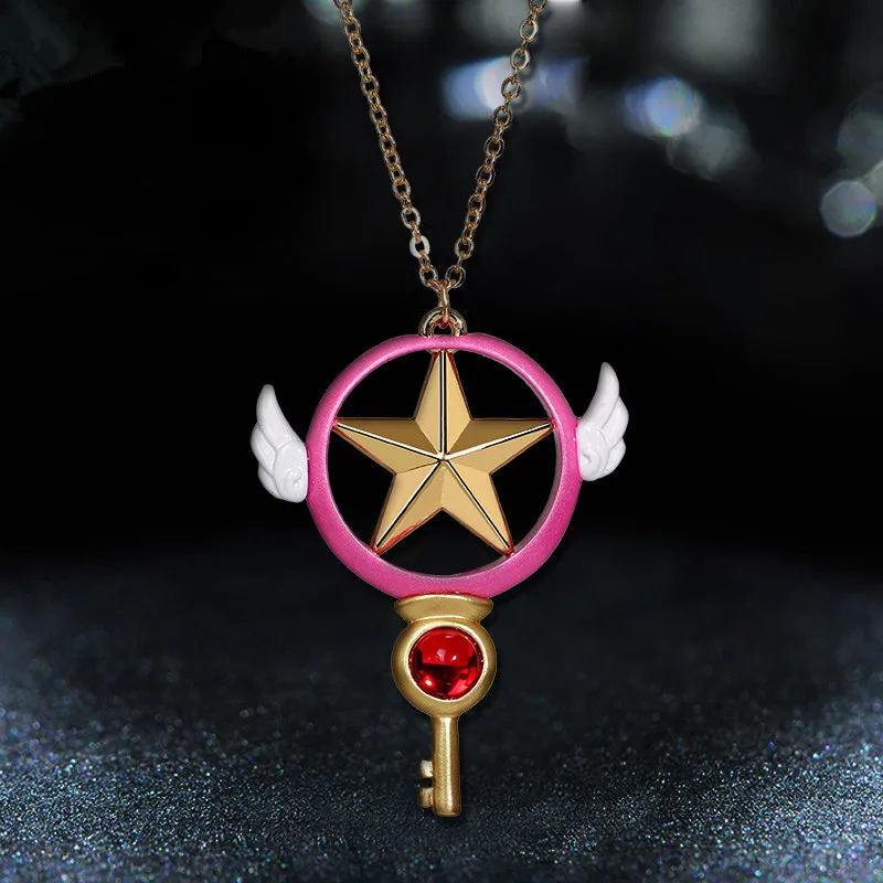 

3style Anime Card Captor Sakura Action Figure Printed Cosplay Magic Wand Key Wings Fives Start Necklace Accessories Pendant Toy