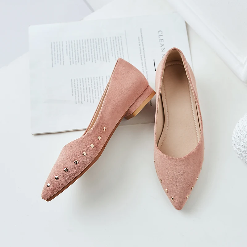 

JK 2019 Spring New Casual Women Flats Pointed Toe Footwear Shoes Slip-On Flat Sole Fashion Metal Decoration Flock Shoes Woman