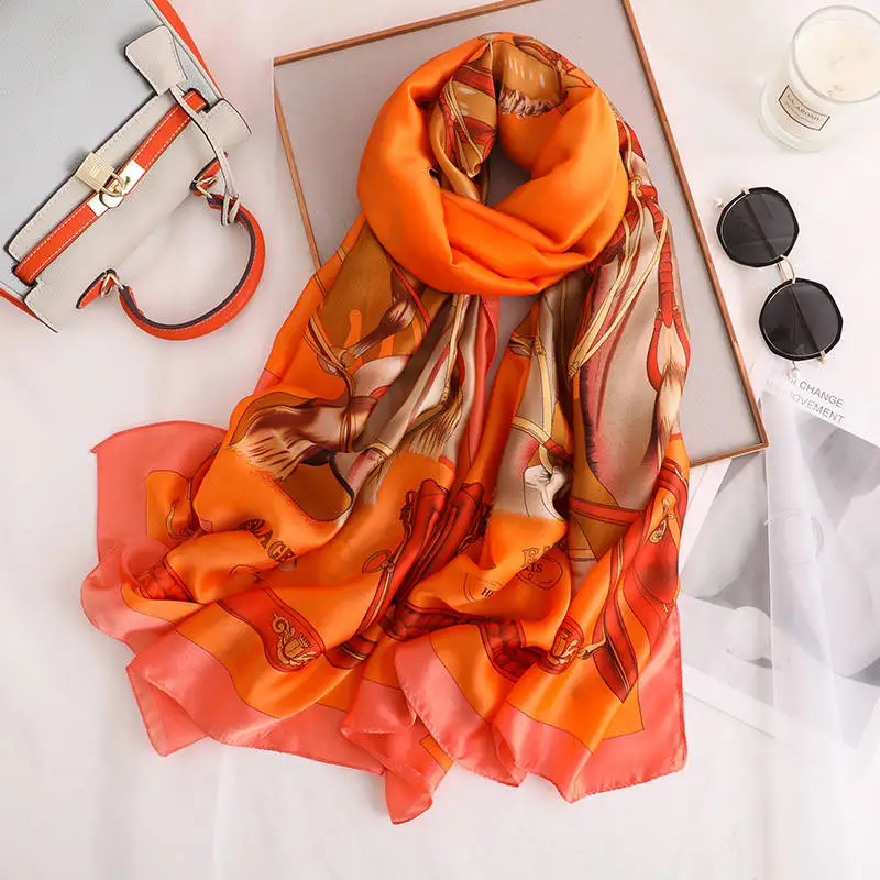 Оранжевый New Lady Silk Scarf Women Fashion Print Flower Scarf Beach Scarves Women Silk Shawls Retro Wraps and Scarves Hijabs - Цвет: Оранжевый