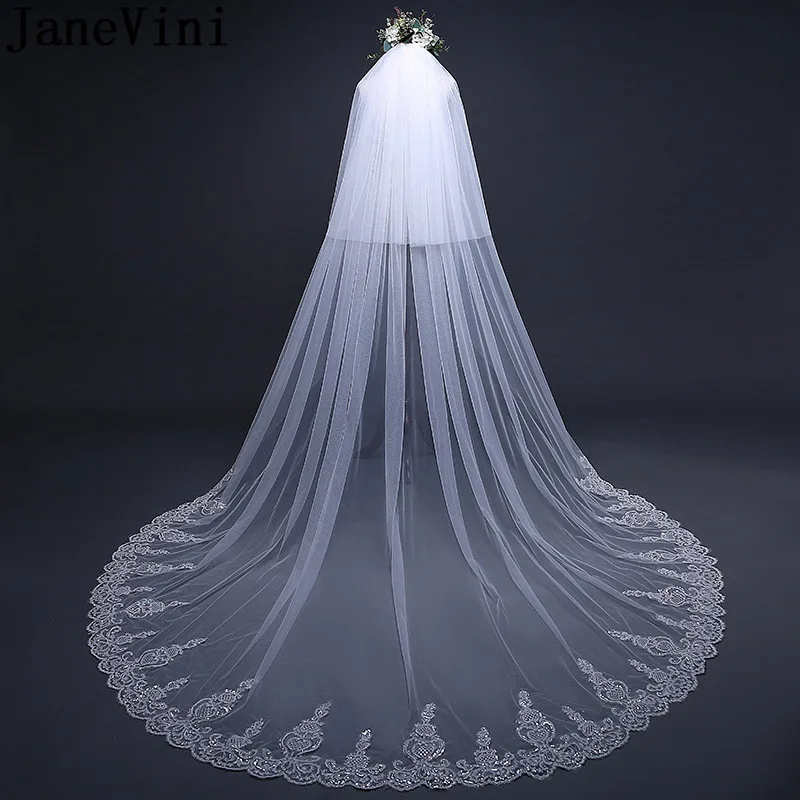 

JaneVini Luxury Sequined Lace Edge Bridal Veil With Comb Wedding Long Veil Cathedrals Cover Face Two Layers White Bride Veils