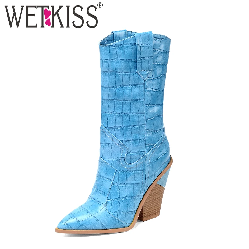 

Wetkiss Autumn&Winter Classic Thermal Western Square Mid-Calf Boots Cowboy Thick High Heels Lady Emboss PU Shoes WJ7527