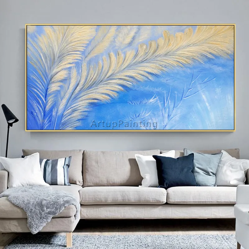 Modern abstract feather painting acrylic blue Canvas Abstract art Wall Pictures for living room home decor cuadros | Дом и сад