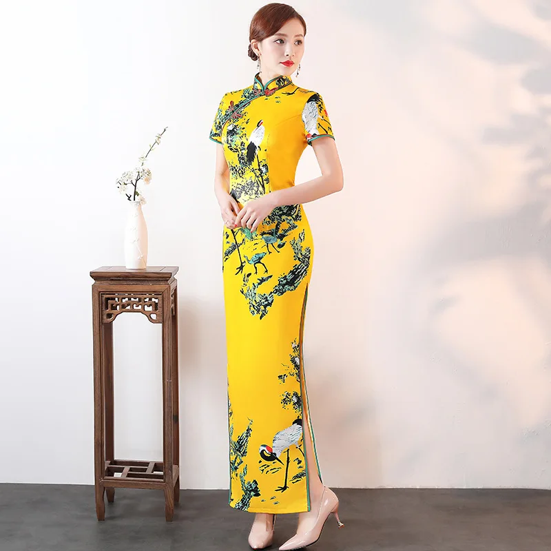 Женское винтажное желтое платье Ципао с принтом на пуговицах ручной работы