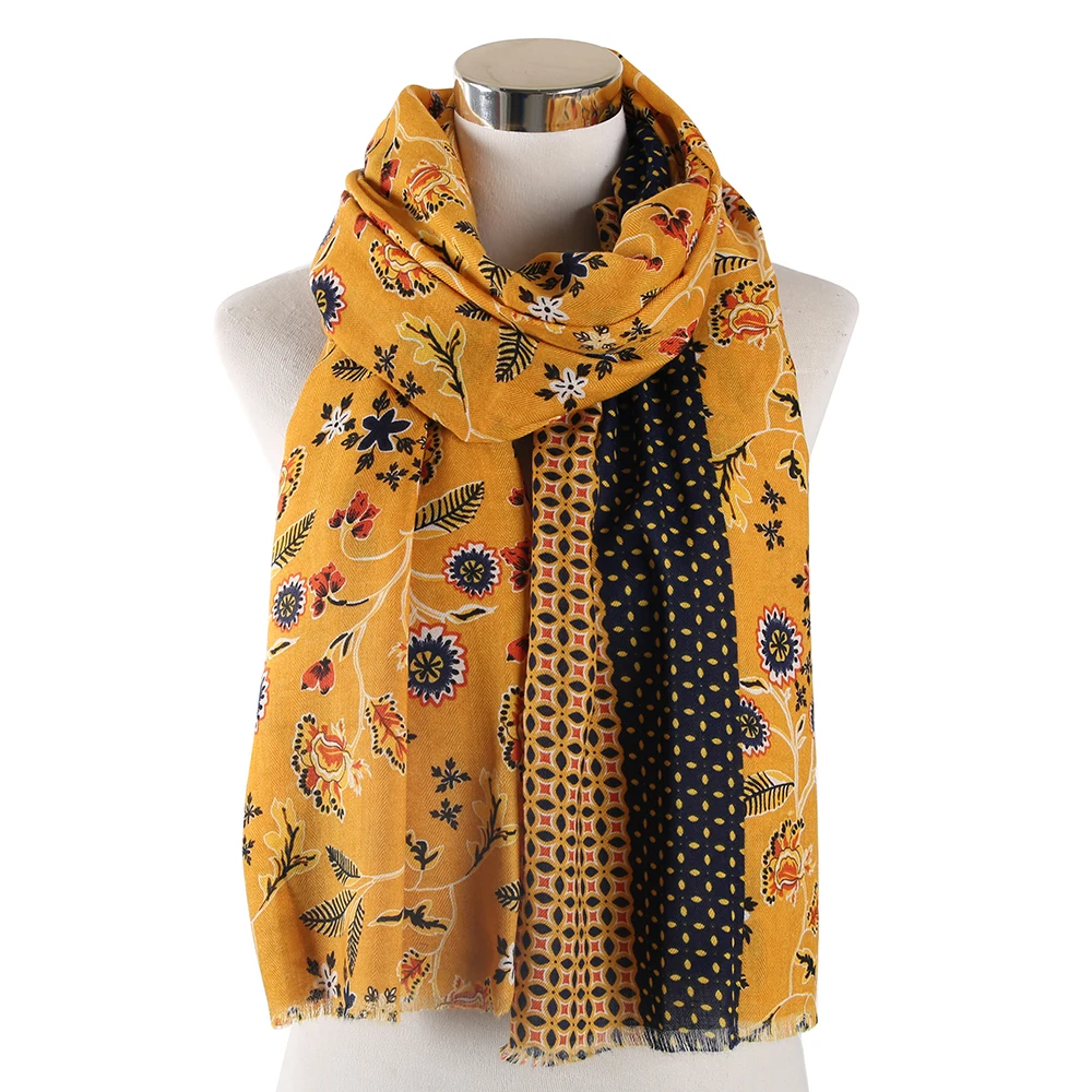 FOXMOTHER New Design Autumn Yellow Floral Scarfs Wraps Shawl Muslim Hijab Scarves Foulard femme Pashmina Fashion Scarf