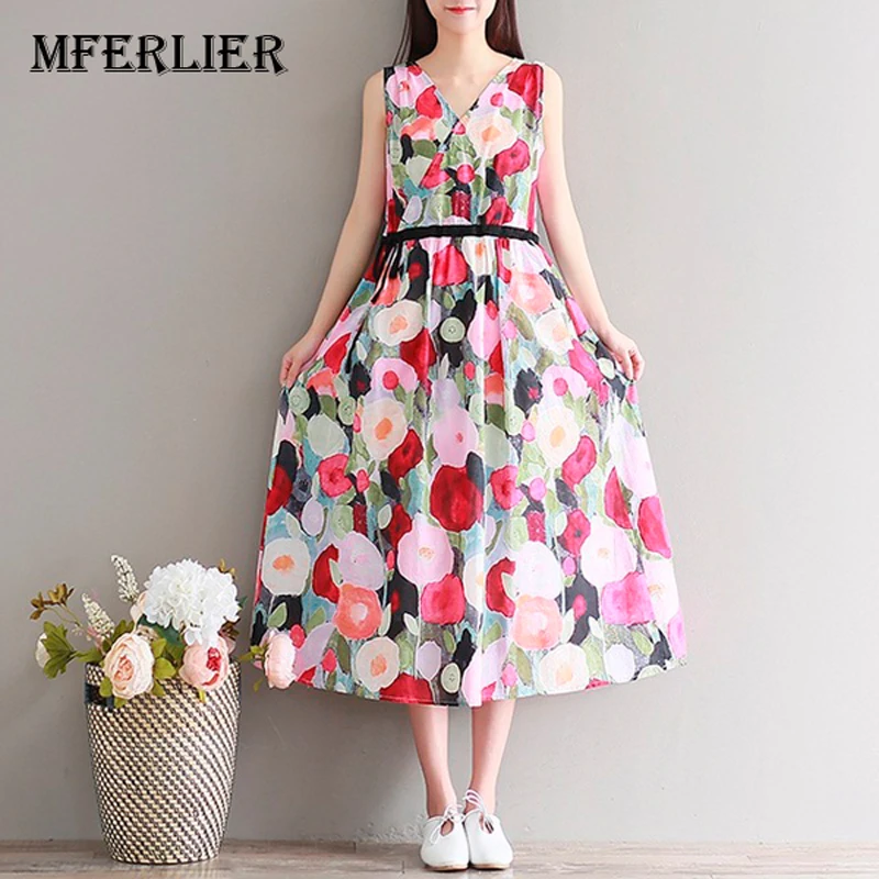 Платье женское повседневное с высокой талией из хлопка цветочным принтом без