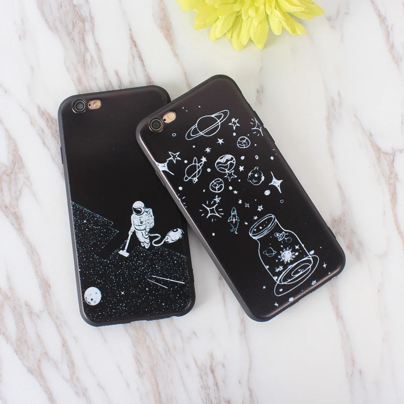 Чехол для Телефона iphone 6 черный белый с Луной звездами космонавтом мягкий