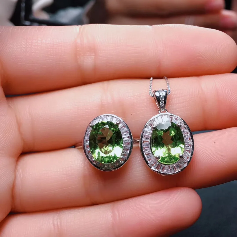

Natural green peridot stone jewelry sets natural olivine ring Pendant S925 silver Elegant round flower woman party gift jewelry