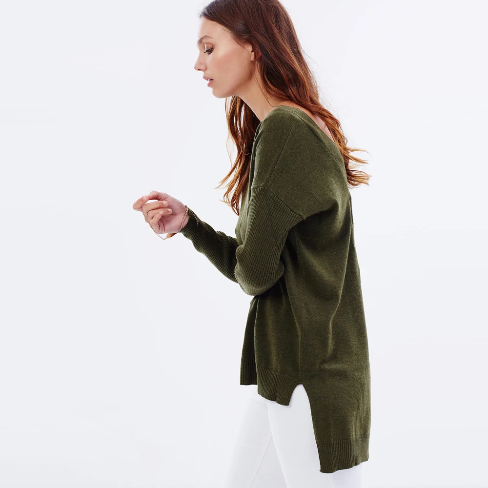 HDY Haoduoyi Solid Green V neck Sweater Women Loose Long Sleeve Pull 2020 Fashion Back Cross Soft Pullovers Sweaters Jumper | Женская