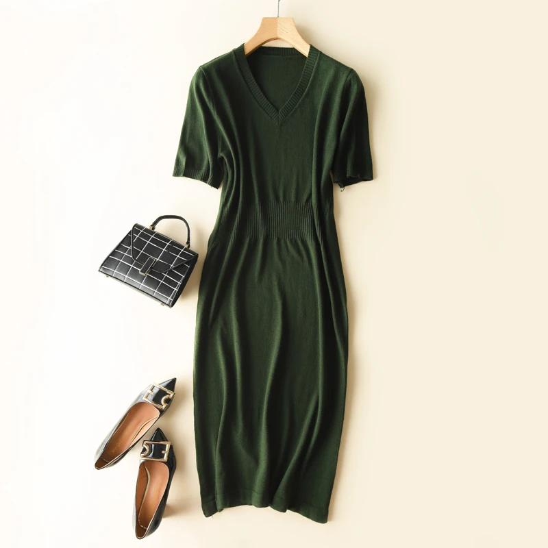 

Женское трикотажное кашемировое платье, длинное платье-пуловер до середины икры с V-образным вырезом, одежда для весны