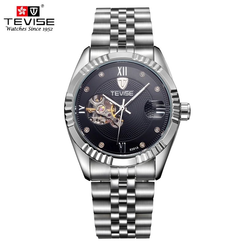 TEVISE Мужские автоматические часы Скелетон механические само ветер из нержавеющей