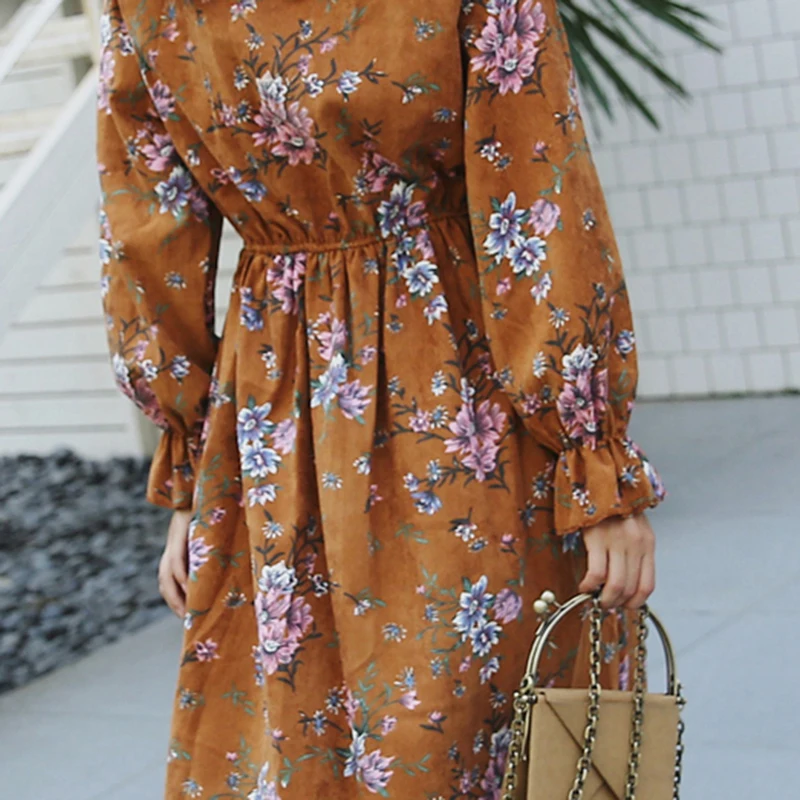 Женское вельветовое платье с высокой талией винтажное платье-трапеция цветочным