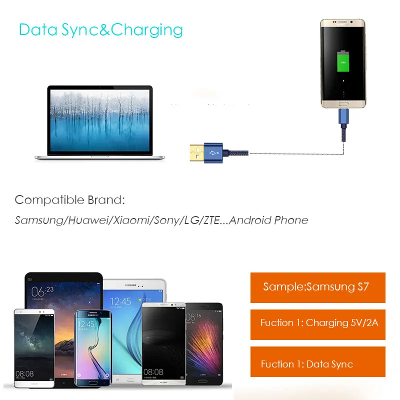 Suptec Micro USB кабель для Samsung S7/S6/S5 Xiaomi Huawei LG Android Phone деним Плетеный золото покрытием