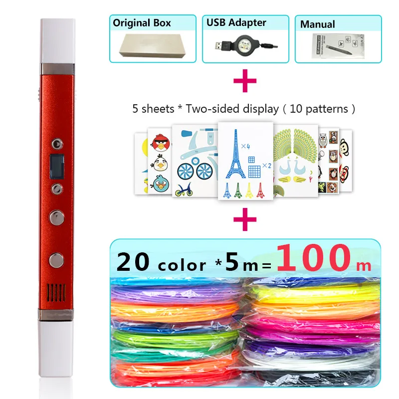 Red pen Package 3 Myriwell 3d Ручка 3d ручки, светодиодный дисплей, ABS/PLA нити, 3 d Ручка 3d модель Creative3d ручка doodlerChildren gifts3d рисунок pen-3d - Цвет: Red pen Package 3