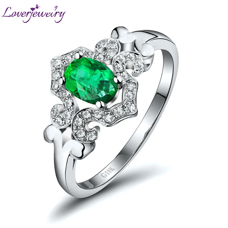 

LOVERJEWELRY New Design Genuine Natural Emerald Ring With Diamond Solid 18K White Gold Oval 4x6mm Gemstone Women Ring Jewelry