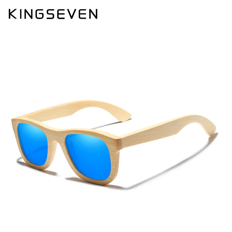 Blue KINGSEVEN, ретро бамбуковые солнцезащитные очки для мужчин и женщин, поляризационные зеркальные, UV400, солнцезащитные очки, полная оправа, деревянные оттенки, очки ручной работы - Цвет линз: Blue