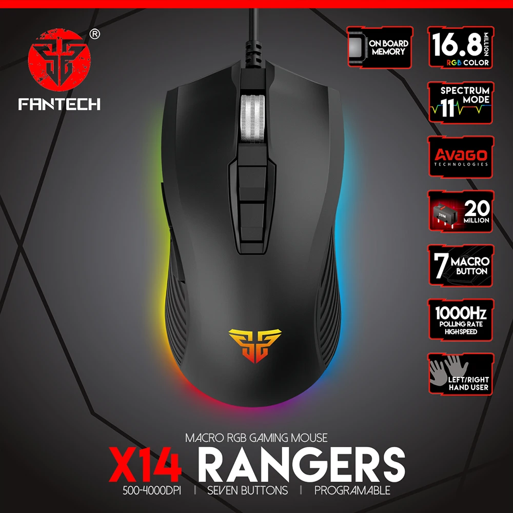 Новая игровая мышь Fantech X14 проводная USB 7 кнопок RGB светильник 4000 DPI