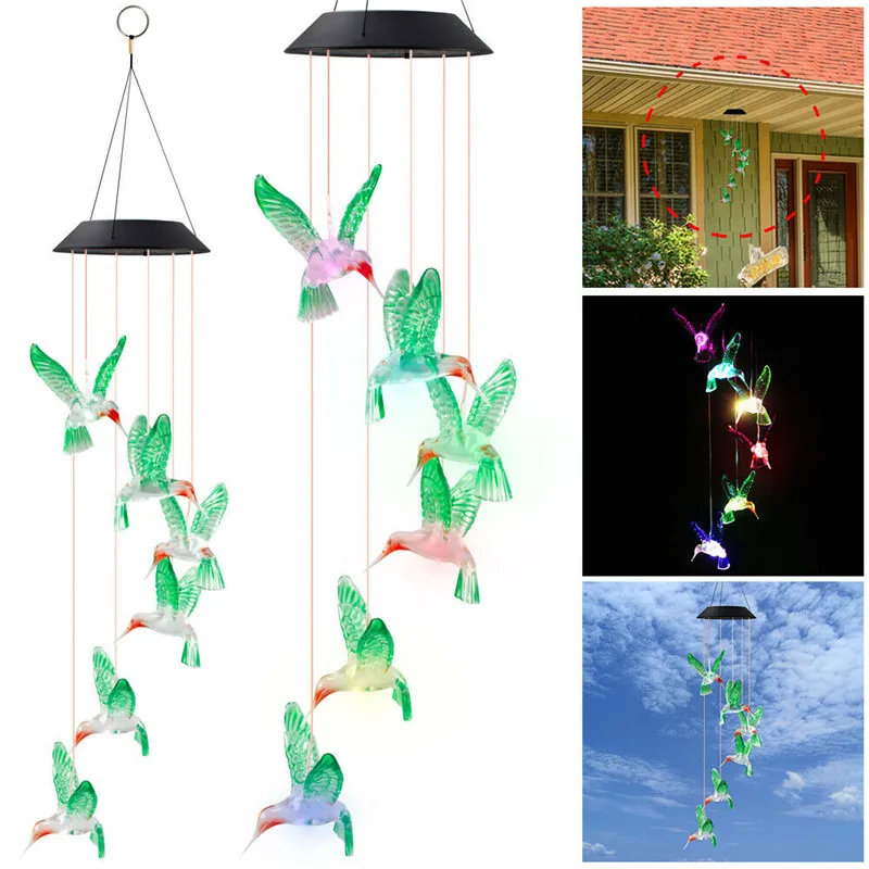

LED Solar Lamp Hummingbirds Dragonfly Wind Home Garden Decor Solar Light Solar Powered Color-Changing Wind Chime Light