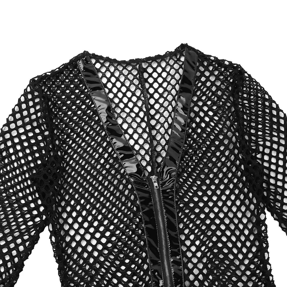 

Womens Lingerie See Through Fishnet Teddy Bodysuit Faux Leather Splice Deep V Neck 3/4 Sleeve High Cut Front Zipper Nightwear