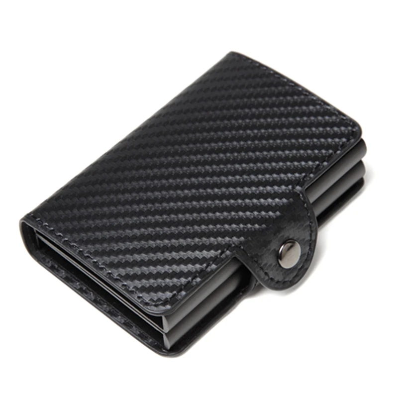 Carbon fiber black Для мужчин двойной Алюминий кожаный держатель кредитной карты RFID Металл Кошелек автоматические всплывающие Anti-theft wo Для мужчин кошелек Бизнес ID карточки - Цвет: Carbon fiber black