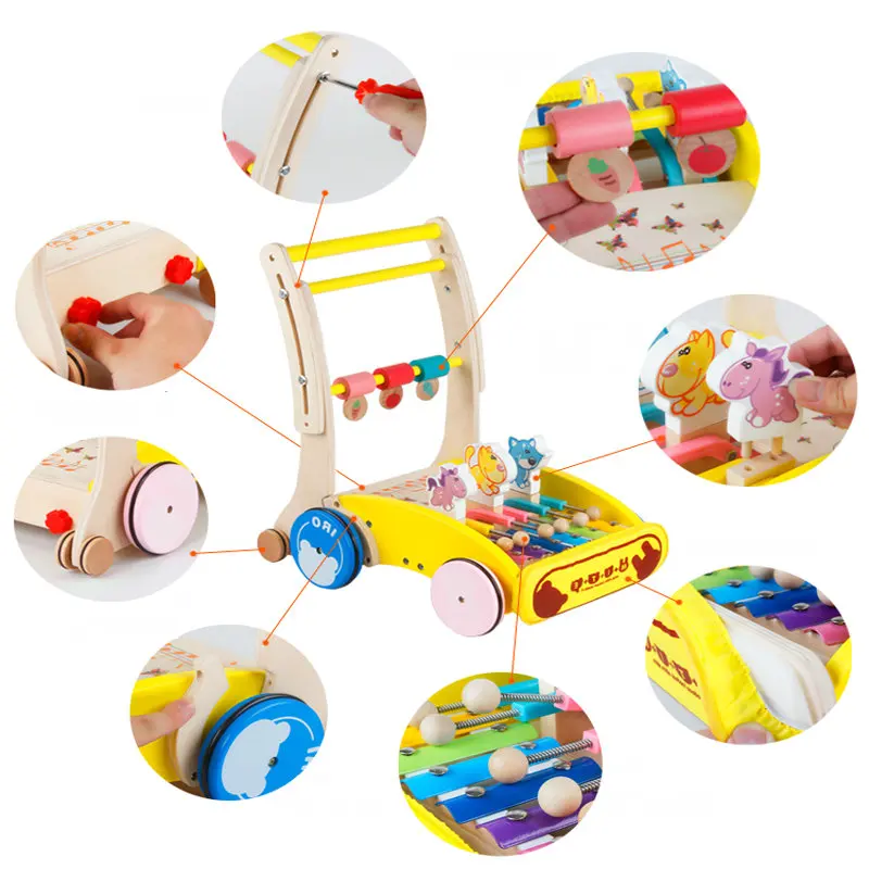 Складные детские деревянные ходунки с музыкальным мультяшным животным, высота и скорость можно регулировать ходунки, многофункциональные милые ходунки для малышей