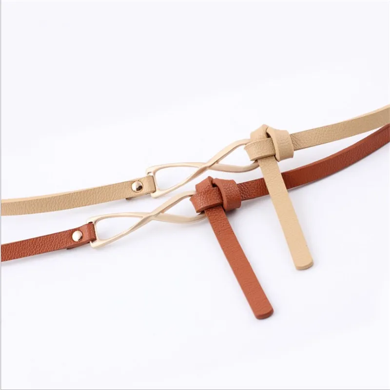 

New Designer Long Thin Pu Leather Skinny Belt Waistband Gold Buckle Female Knot Belts for Women Dresses Jeans Waistbelt