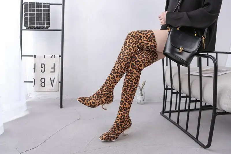 SIMLOVEYO Winter Autumn Winter Stretch Thigh high boots Leapord Strange heel Suede leather Round toe Slip on Shoes women Size 44