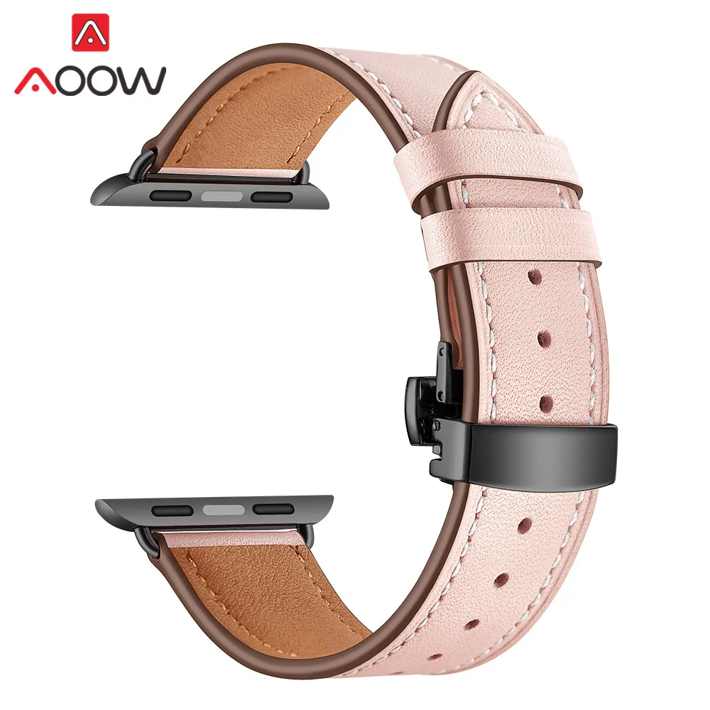 Pink black Ремешок для часов из натуральной коровьей кожи для Apple Watch 40 мм 44 мм 38 мм 42 мм 4 iwatch роскошный браслет из розового золота с бабочкой - Цвет ремешка: Pink black