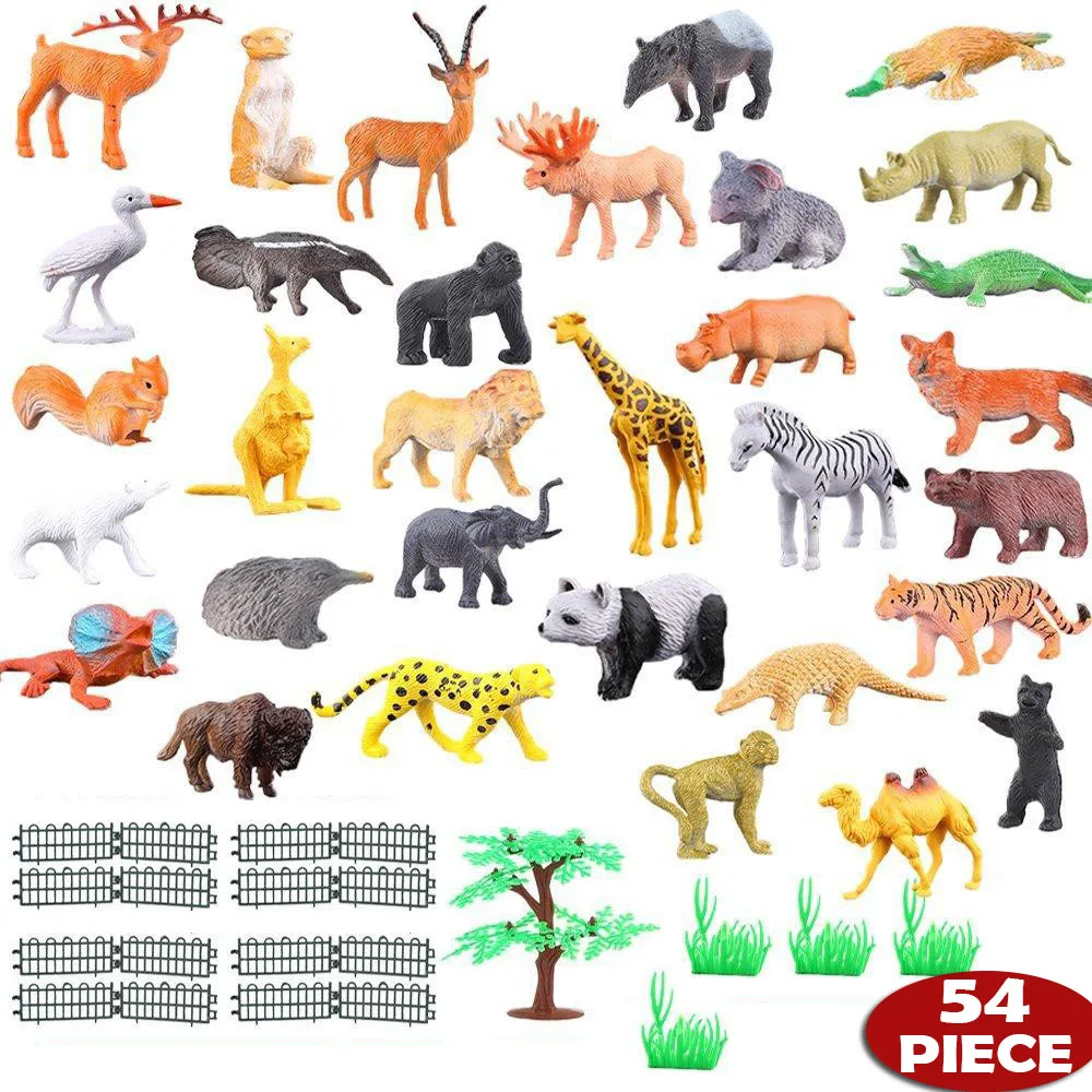 

54Pcs Mini Animal Model Toys Set Elephant Giraffe Hippo Lion Rhinoceros Tiger Wild Plastic Animals Educational Toy for Children