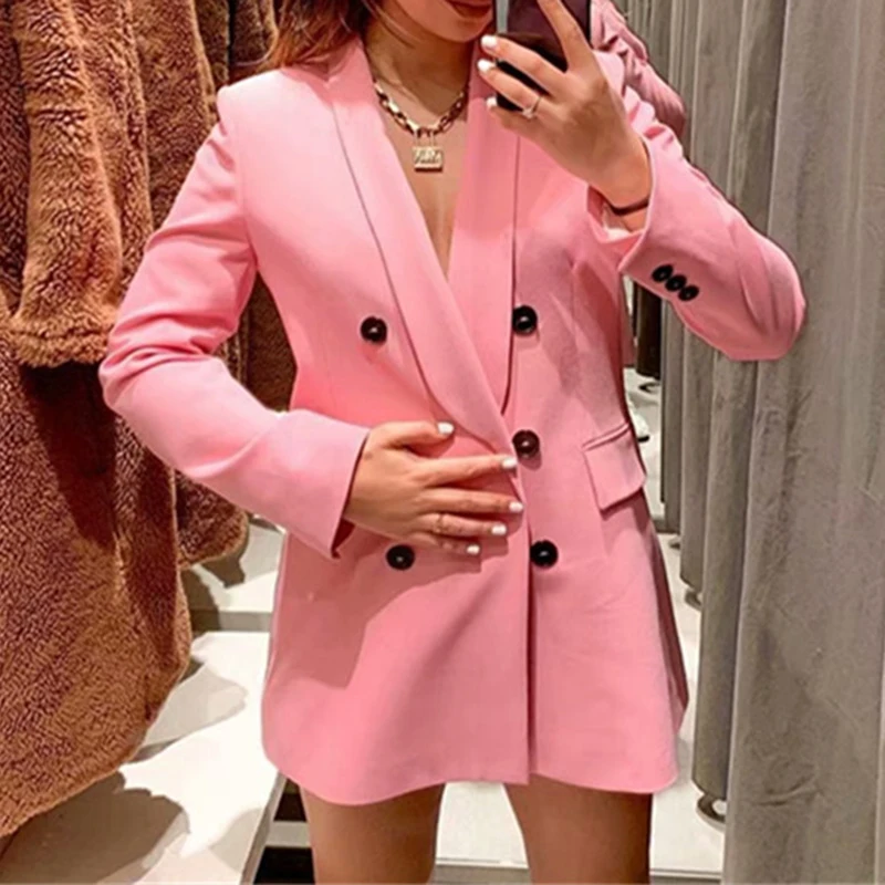 2019 autumn trendy pink double breasted blazers outerwear jackets women streetwear pockets | Женская одежда