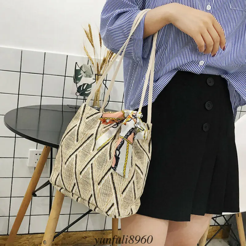 Женская соломенная сумка на плечо летняя пляжная плетеная Сумка вместительная