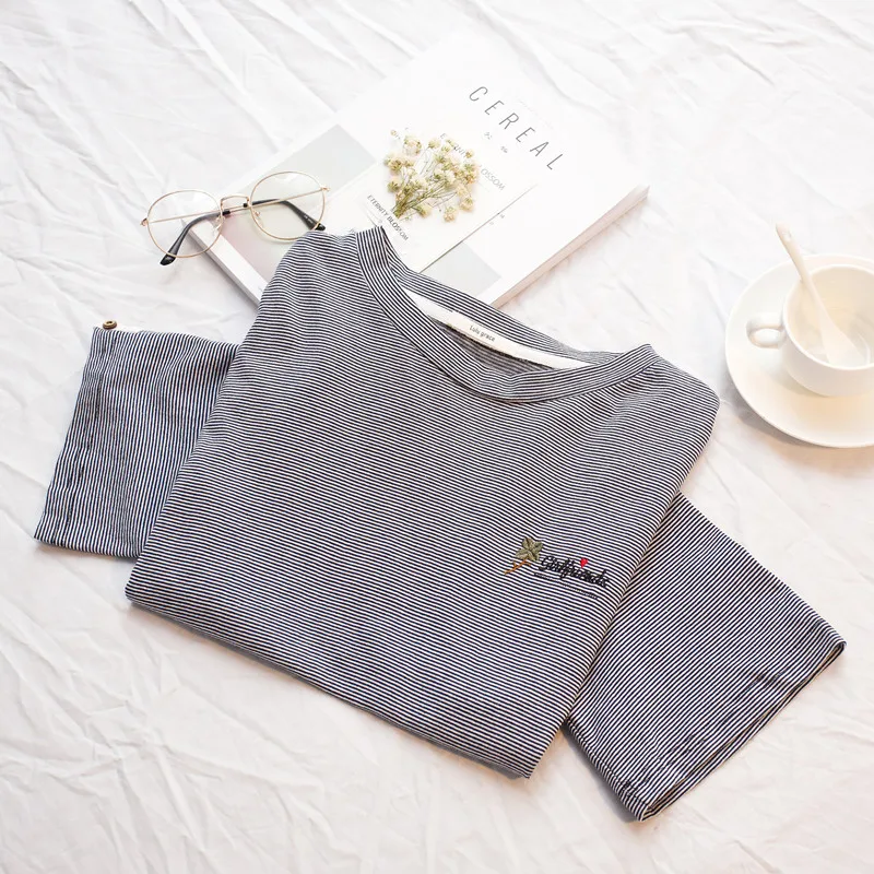 Summer New Embroidered Stripe T-shirt 2020 Women's T-shirts Japan Harajuku Ladies Ulzzang Female Korean Kawaii Tops For Women | Женская