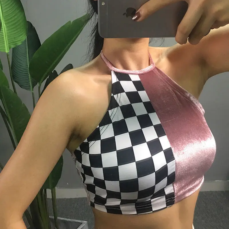 Майка женская клетчатая короткая без рукавов модная повседневная одежда с