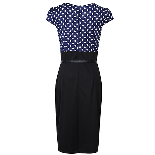 

Women's Elegant Polka Dots Bodycon OL Pencil Dress Patchwork Pleated Neck Dress